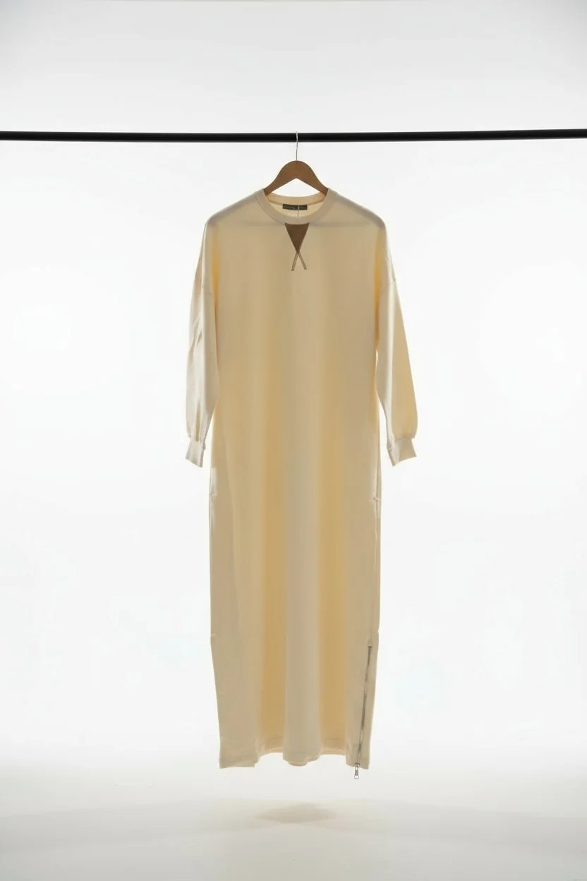 Bisiklet Yaka Yanları Fermuarlı Elbise - Ekru