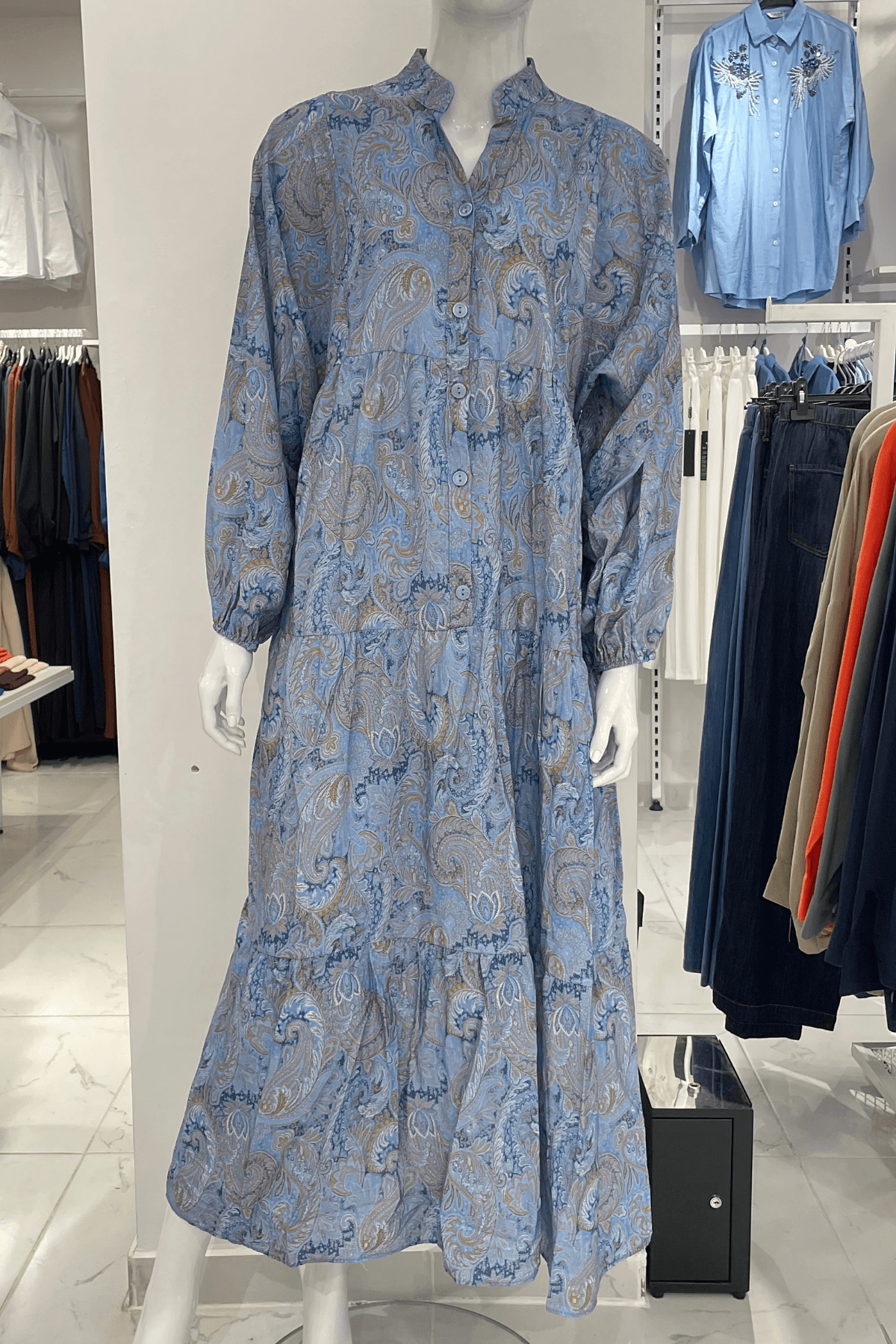Mango Şal Desen Elbise - Mavi