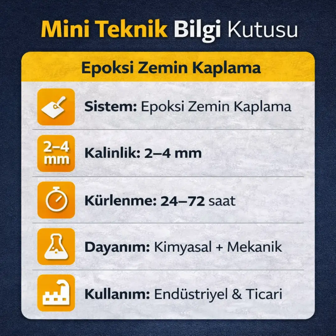 Epoksi zemin kaplama teknik özellikleri; kalınlık, kürlenme süresi ve kullanım alanları