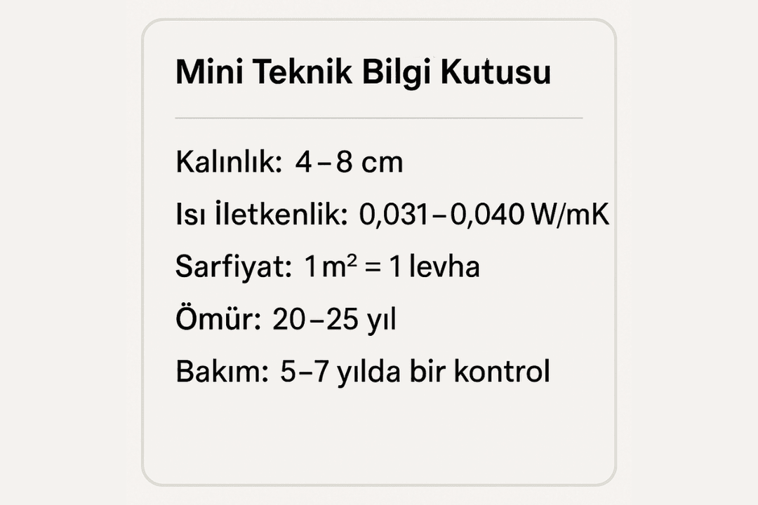 100 m2 mantolama teknik bilgiler: kalınlık, ısı iletkenlik, sarfiyat ve ömür. 