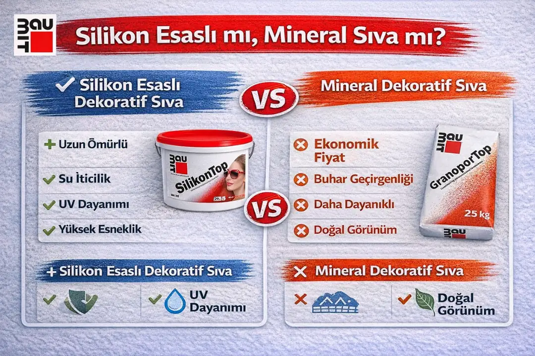 Silikon esaslı dekoratif sıva ile mineral sıva karşılaştırması – su iticilik, dayanım, esneklik ve kullanım farkları&nbsp;