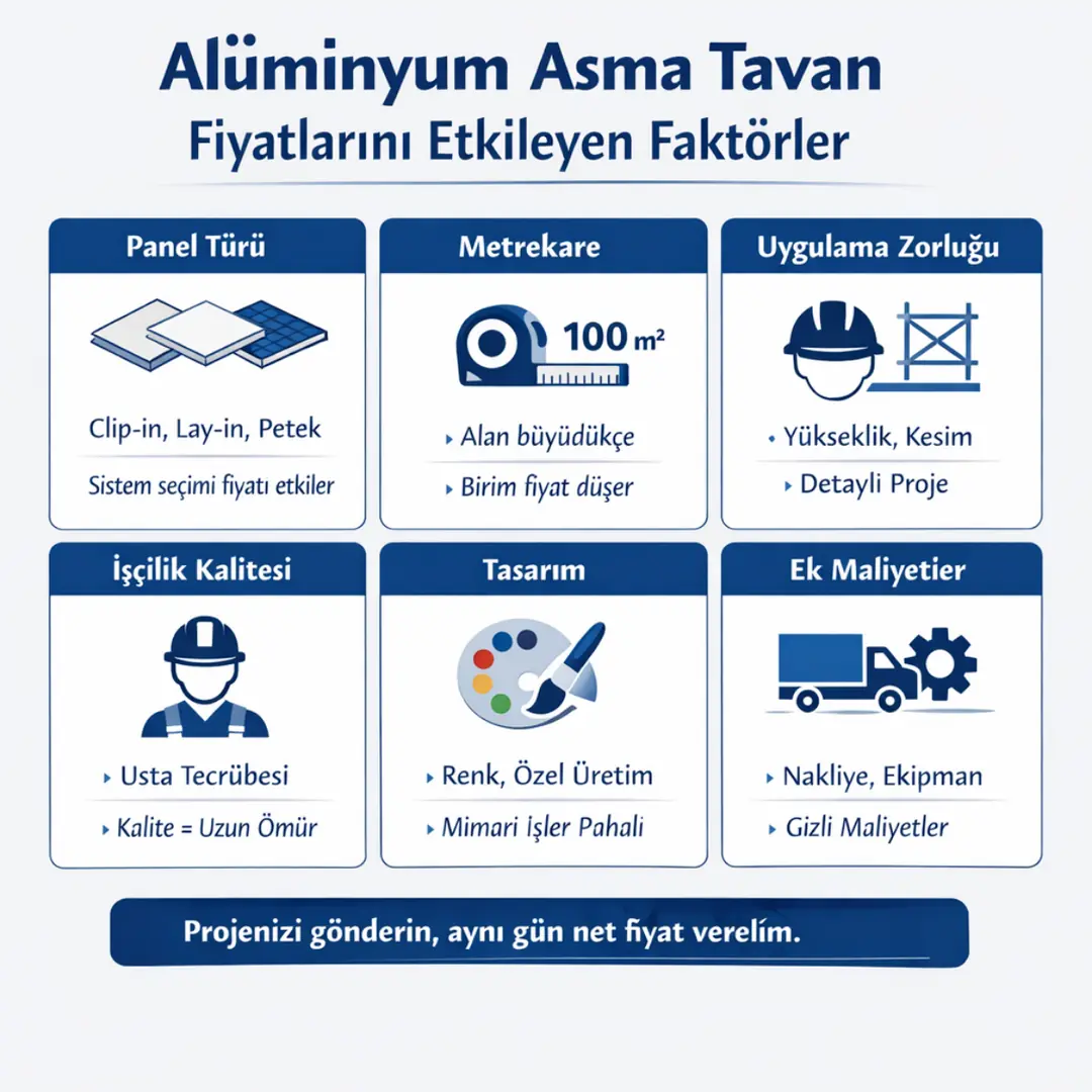Alüminyum asma tavan fiyatlarını etkileyen faktörler nelerdir m2 maliyet hesaplama rehberi