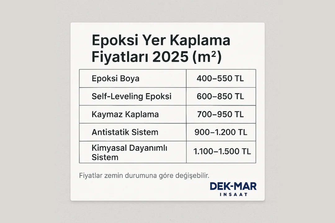Endüstriyel epoksi yer kaplama fiyat tablosu 2025 – m² bazında boya, self leveling, antistatik sistem maliyetleri – Dek-Mar İnşaat
