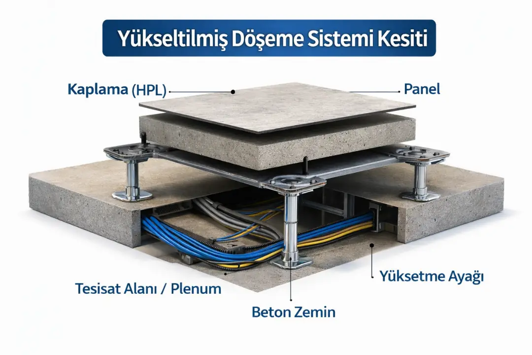 Yükseltilmiş döşeme sistemi kesiti, ayak ve panel yapısı&nbsp;