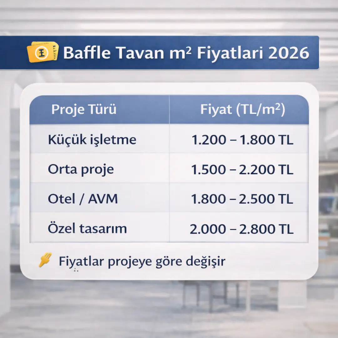 Baffle tavan m2 fiyatları 2026, farklı sistemlere göre işçilik ve malzeme dahil güncel baffle tavan maliyet tablosu