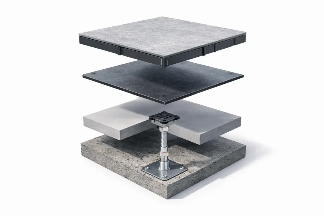 Yükseltilmiş döşeme sisteminin taşıyıcı ayak ve panel katmanlarını gösteren şematik anlatım