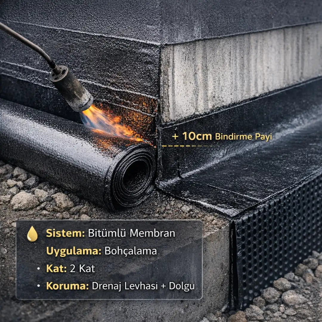 Temel perde duvarda bitümlü membran bohçalama su yalıtımı detay uygulaması