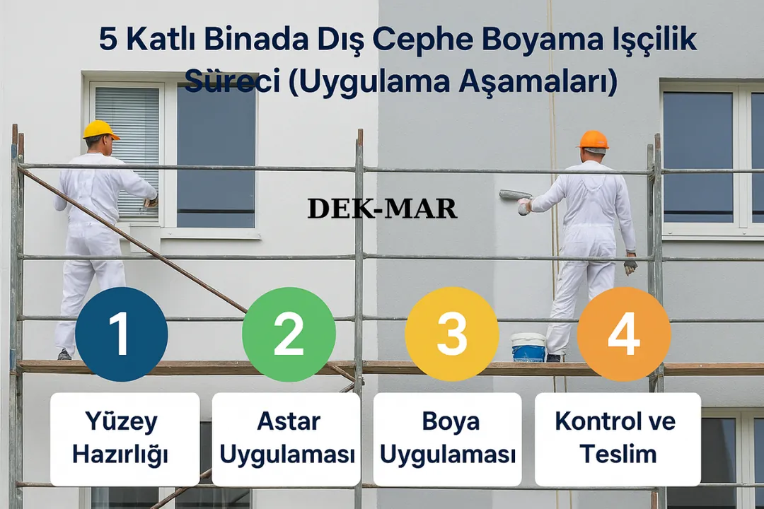 5 katlı bina dış cephe boyama işçilik süreci; yüzey hazırlığı, astar, boya uygulaması ve teslim aşamaları