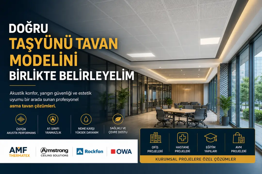 Kurumsal projeler için modern taşyünü asma tavan çözümü görseli&nbsp;