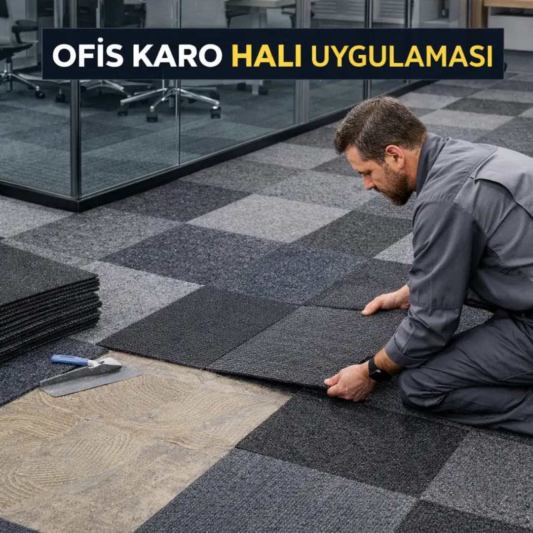 ofis zemininde 50x50 karo halı montaj uygulaması&nbsp;