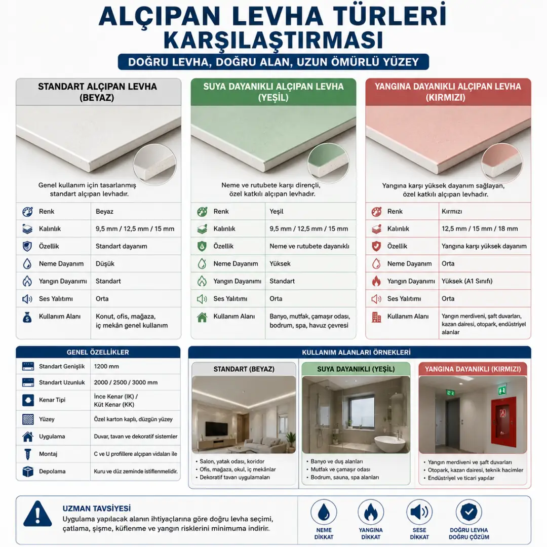 Standart yeşil ve kırmızı alçıpan levha çeşitleri&nbsp;