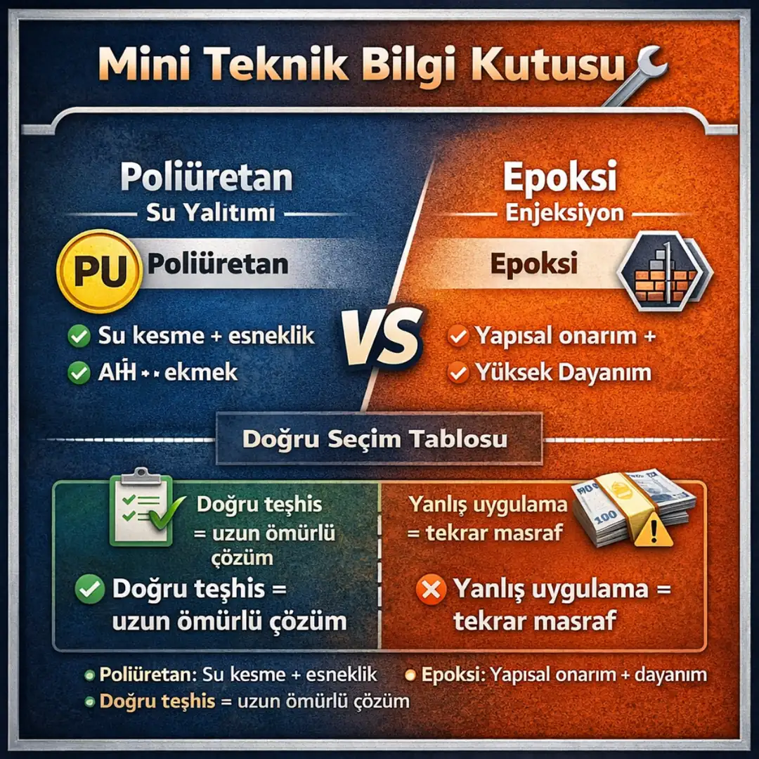 Poliüretan ve epoksi enjeksiyon karşılaştırması – su yalıtımı, yapısal onarım ve doğru sistem seçimi teknik özeti&nbsp;
