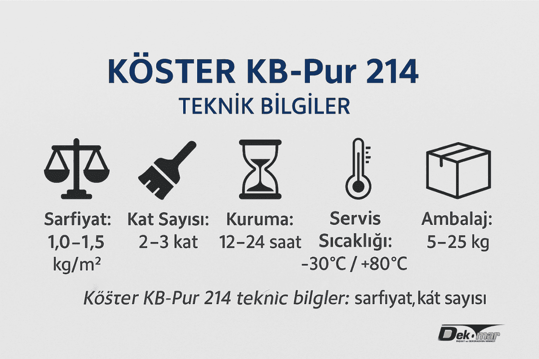 Köster KB-Pur 214 teknik bilgiler: sarfiyat, kat sayısı, kuruma süresi, servis sıcaklığı ve ambalaj. 