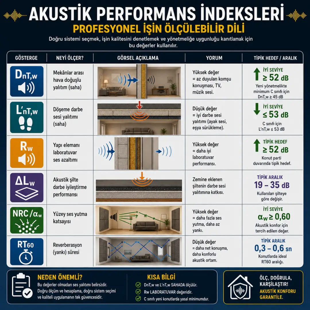 Konut ses yalıtımında kullanılan DnT,w, L'nT,w, Rw, ΔLw, NRC ve RT60 akustik performans indekslerini açıklayan teknik infografik.&nbsp;