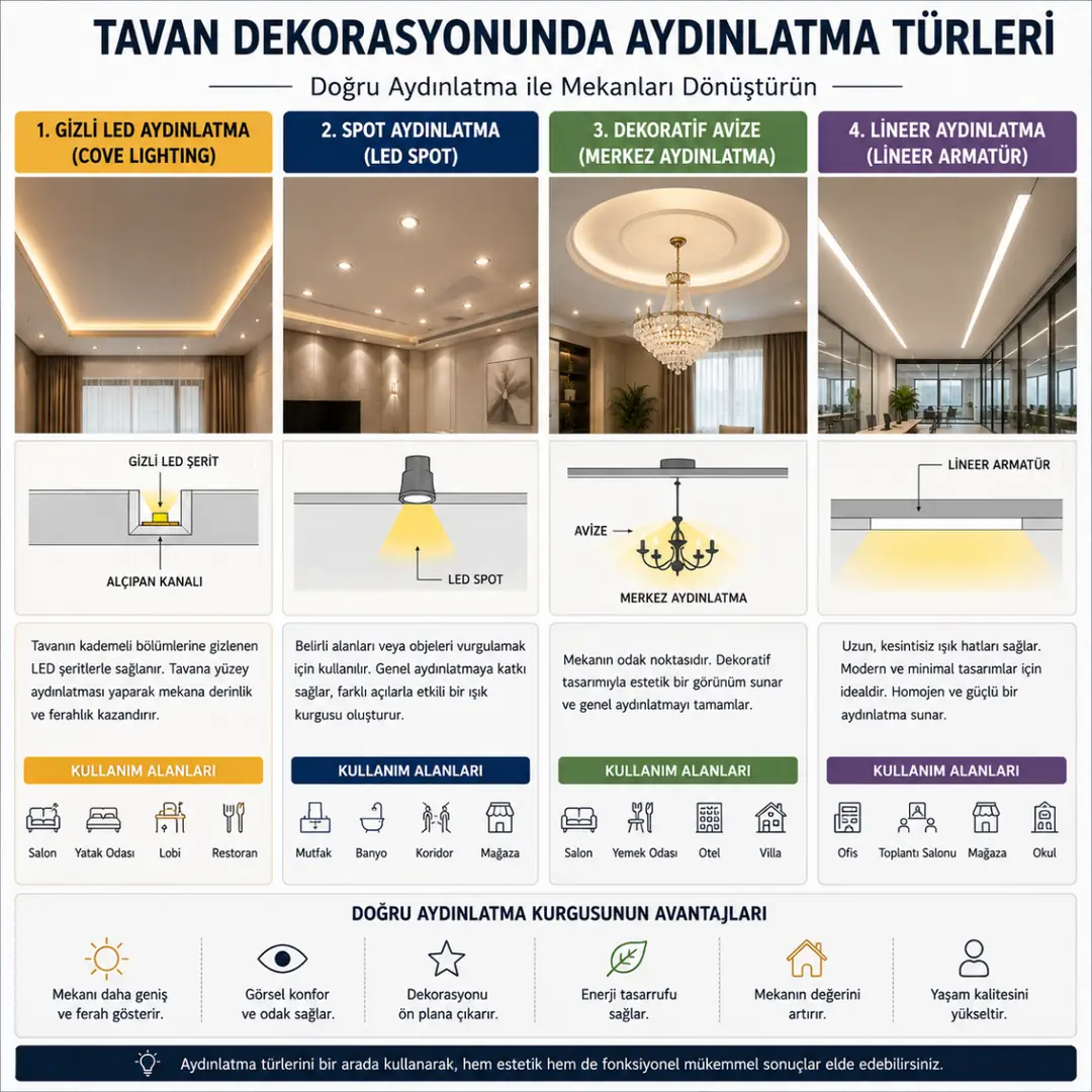 Tavan dekorasyonunda kullanılan aydınlatma türleri&nbsp;