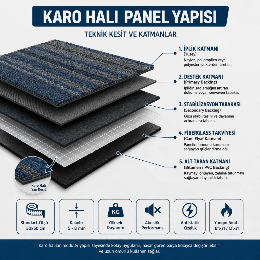 Karo halı panel yapısı, alt taban ve iplik katmanlarını gösteren teknik kesit&nbsp;