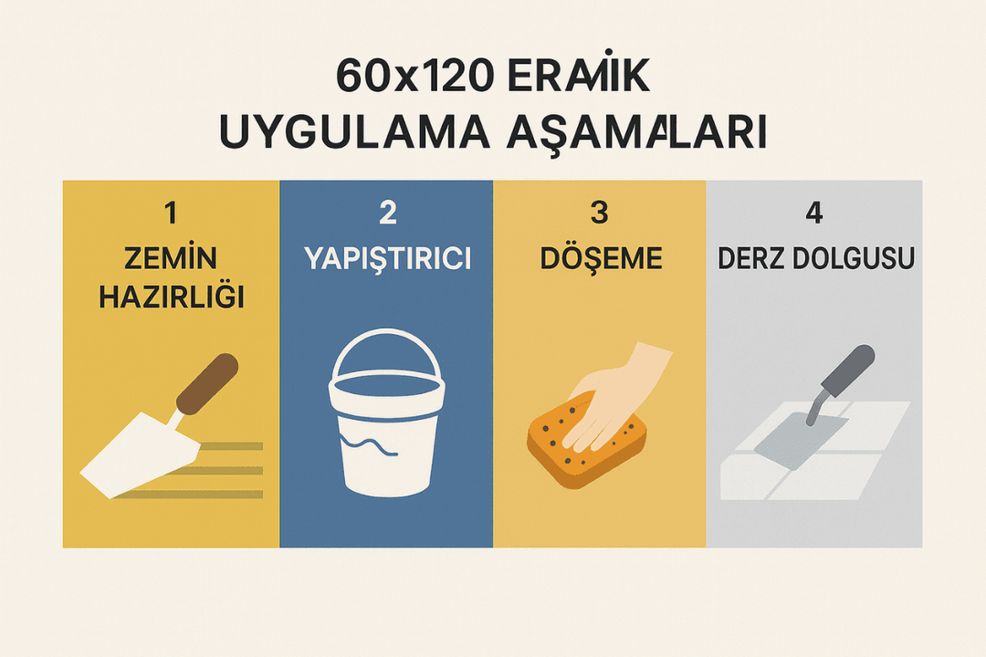 60x120 seramik döşeme uygulama aşamaları – zemin hazırlığı, yapıştırıcı uygulaması, döşeme ve derz dolgusu.