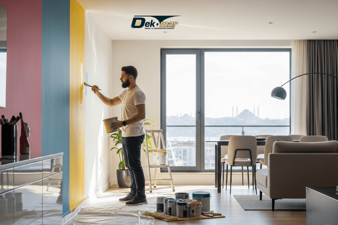 3+1 Ev Boyama Fiyatları İstanbul hizmeti veren bir profesyonel, modern bir dairede canlı renklerle duvar boyama yapıyor.