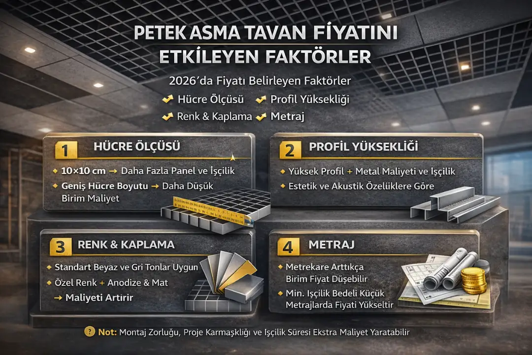 Petek asma tavan fiyatını etkileyen faktörler – 2026 yılı için hücre ölçüsü, profil yüksekliği, renk ve kaplama seçenekleri ile metrajın m2 maliyetine etkisi