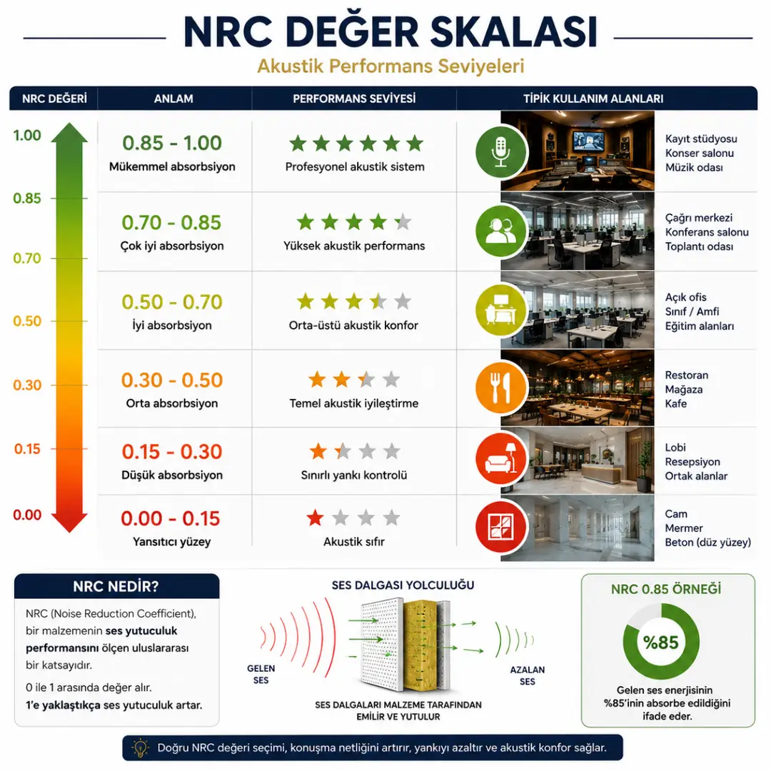 NRC değerlerine göre akustik performans seviyeleri karşılaştırması&nbsp;