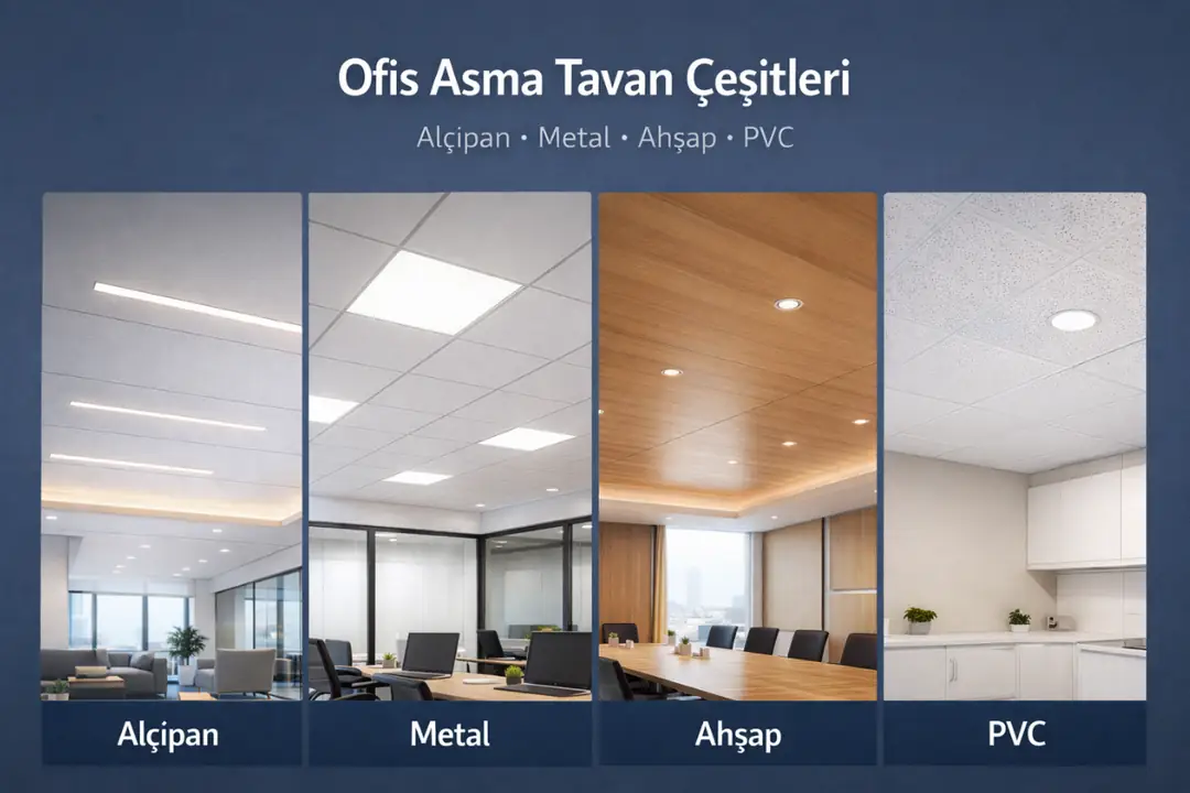 Ofislerde kullanılan alçıpan, metal, ahşap ve PVC asma tavan çeşitleri karşılaştırması&nbsp;