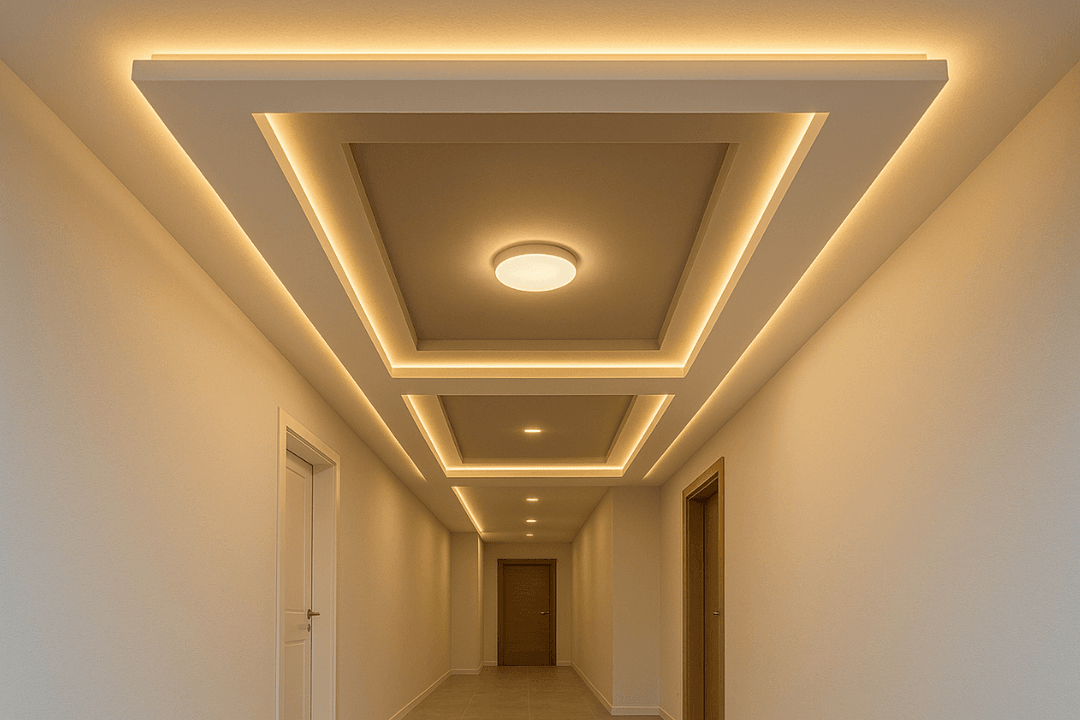 Modern koridorlarda LED aydınlatmalı, katmanlı asma tavan tasarımı ile şık ve estetik iç mekân çözümleri sunar. 