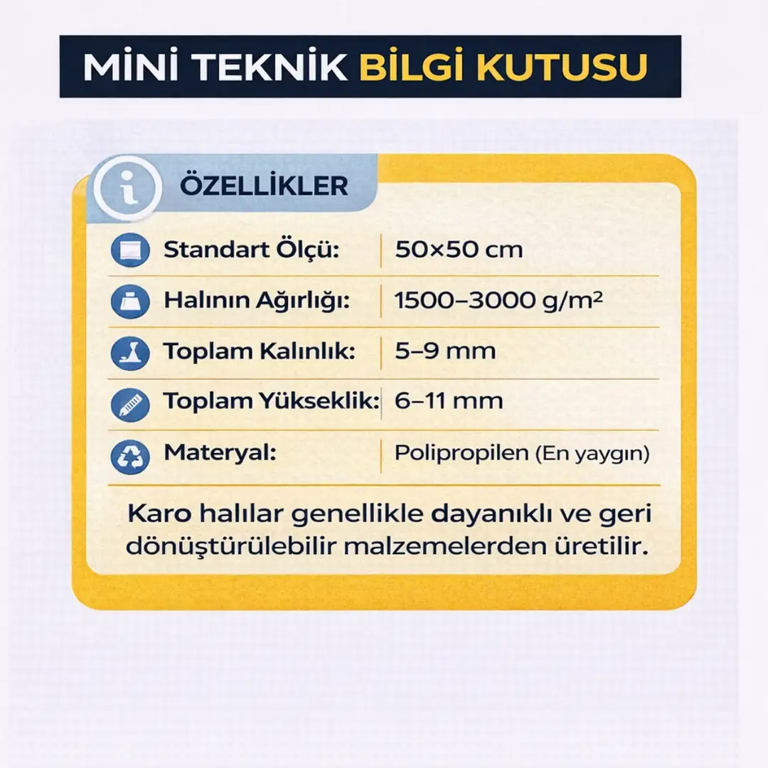 50x50 karo halı teknik özellikleri ölçü kalınlık akustik performans&nbsp;