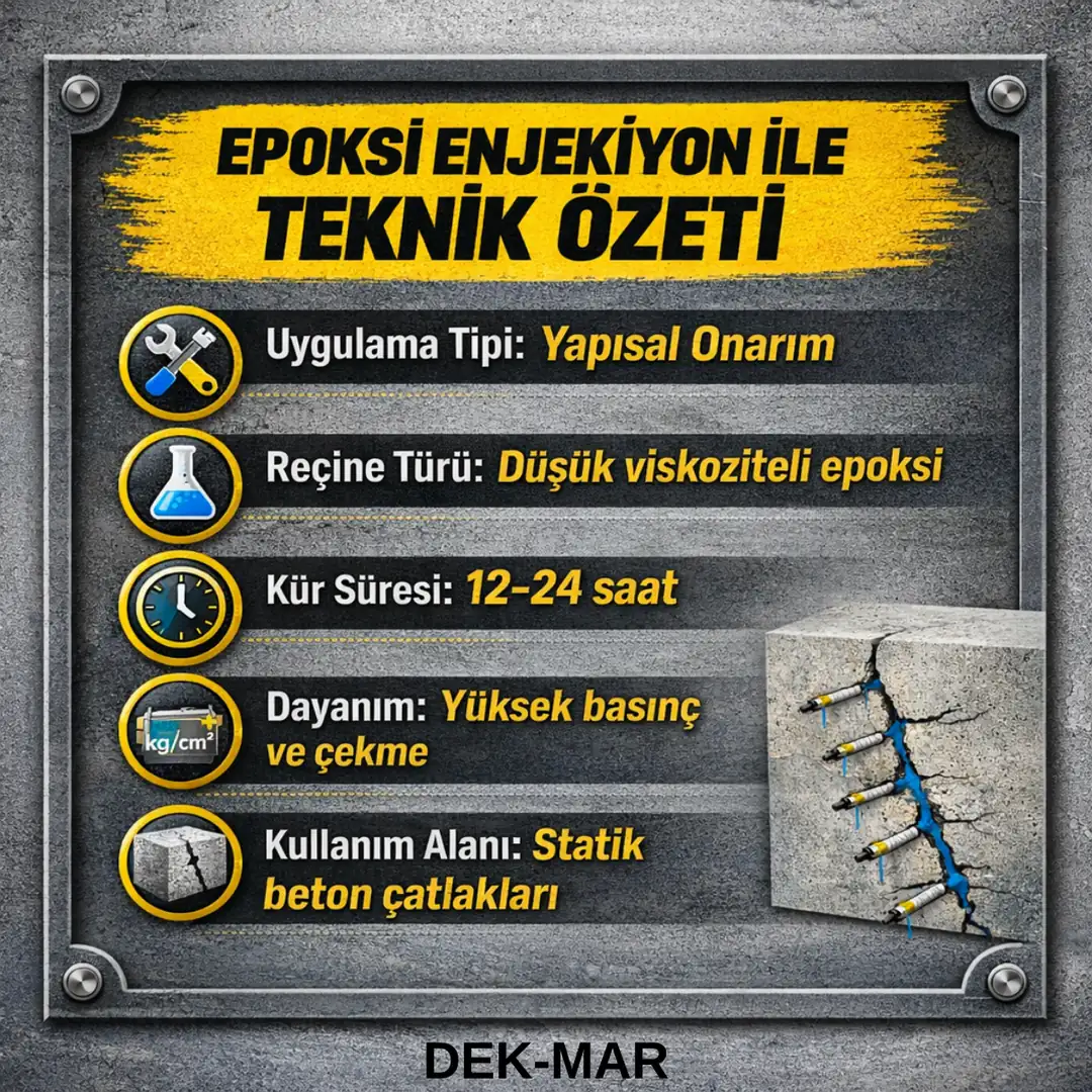 Epoxy enjeksiyon ile çatlak tamiri teknik özeti – kür süresi, reçine türü, dayanım ve yapısal onarım bilgileri&nbsp;