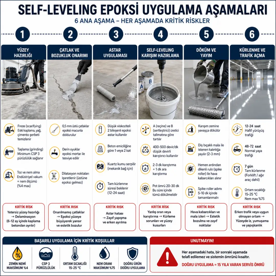Self-leveling epoksi uygulama aşamaları teknik süreç şeması