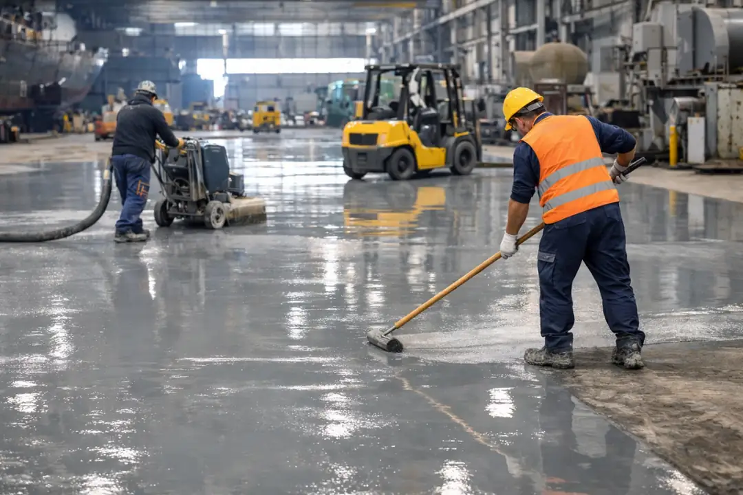 Tuzla epoksi zemin kaplama uygulama süreci, taşlama ve kaplama aşaması saha çalışması&nbsp;