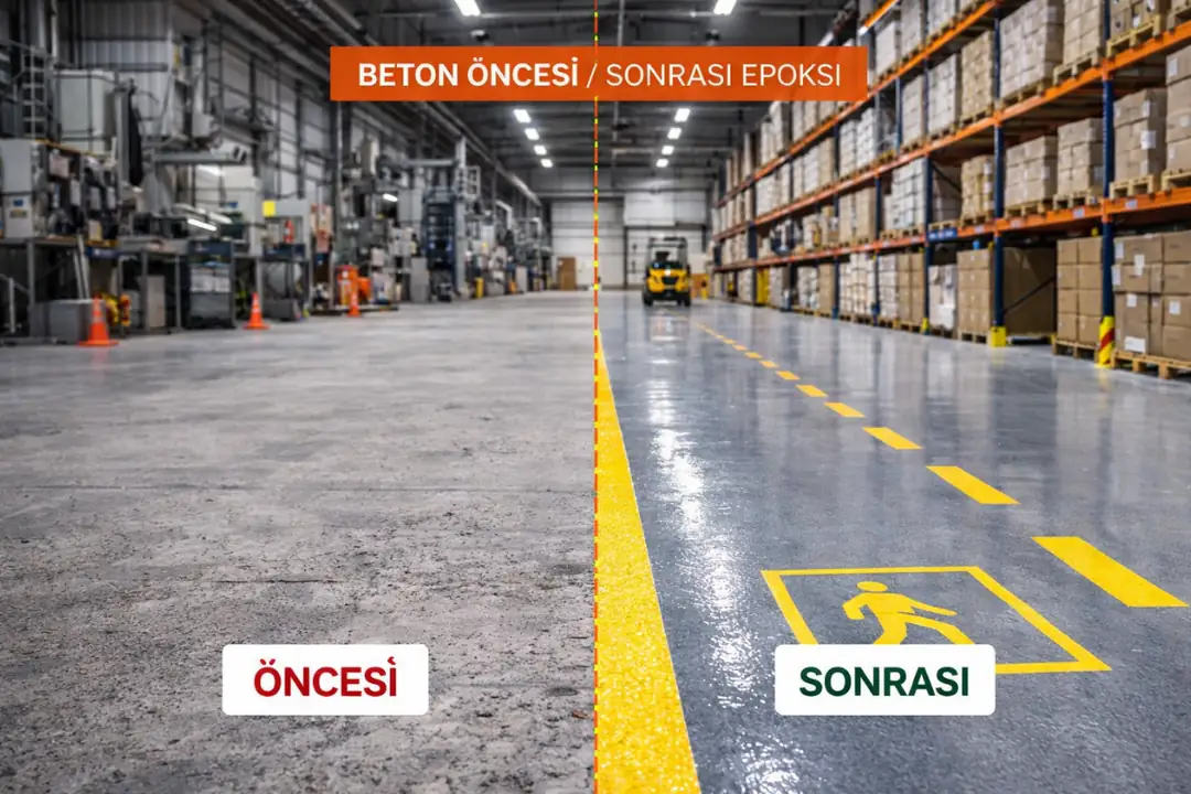 Fabrika zemininde epoksi kaplama öncesi ve sonrası görünüm karşılaştırması&nbsp;