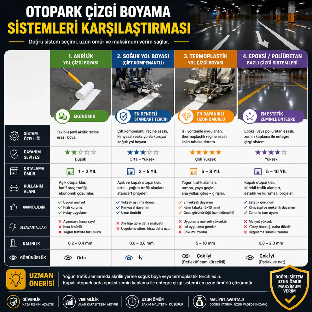 Otopark çizgi boyama hangi sistem daha iyi akrilik soğuk boya termoplastik epoksi karşılaştırma rehberi 2026&nbsp;