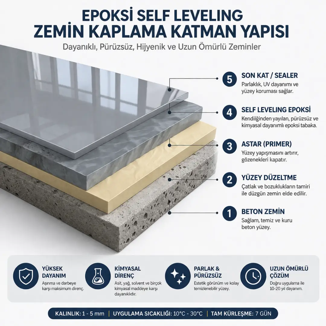Epoksi self leveling zemin kaplama katman yapısı teknik şema&nbsp;