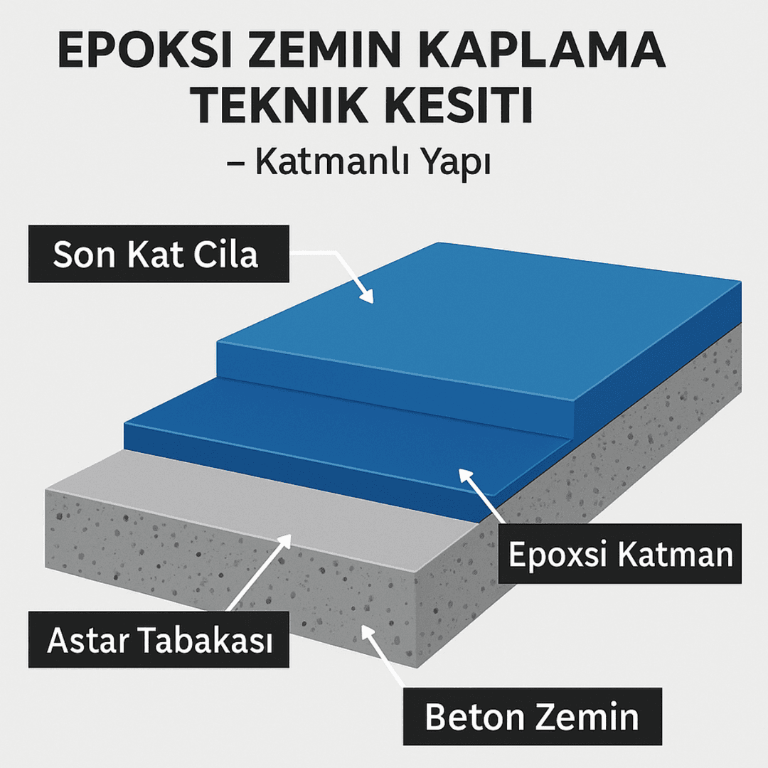 Epoksi zemin kaplama teknik kesiti – beton, astar, epoksi ve cila katmanlarıyla sistem yapısı – Dek-Mar.