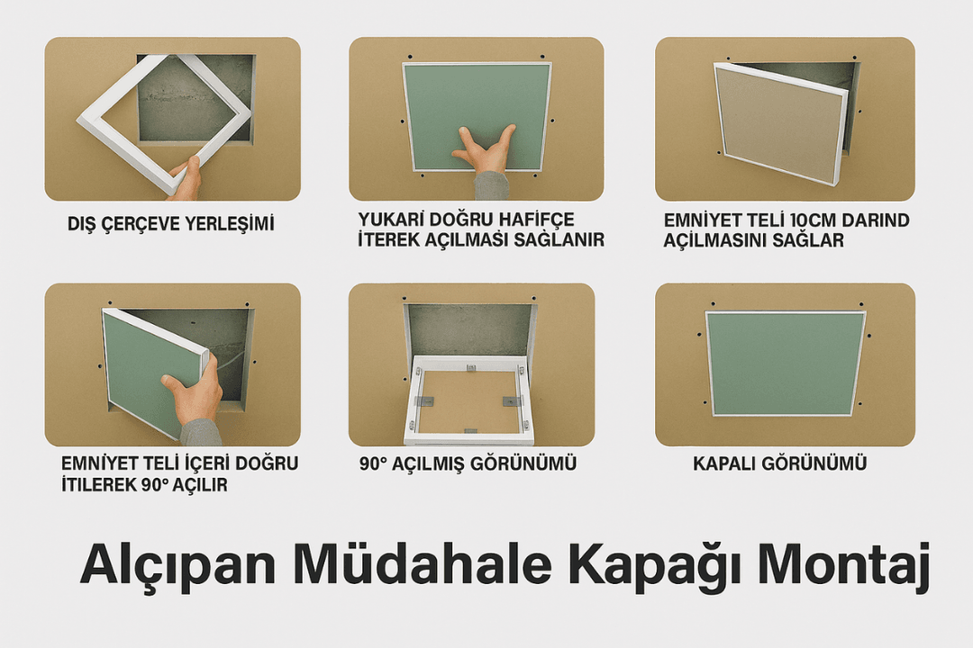60x60 BAS-AÇ sistemli yeşil alçıpanlı müdahale kapağı montajı: menteşeli ve sivicli modelin adım adım kurulum süreci. 