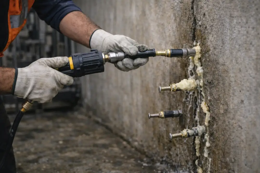 Asansör kuyusunda aktif su sızıntısına poliüretan enjeksiyon uygulaması