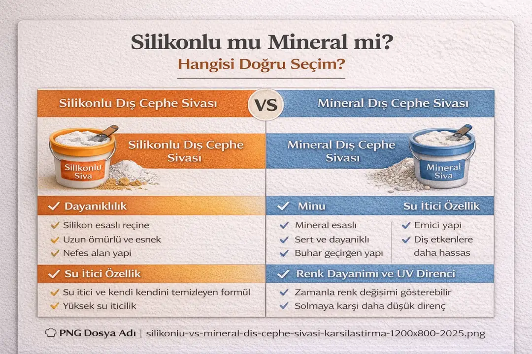 Silikonlu ve mineral dış cephe sıvası karşılaştırması – dayanıklılık, su iticilik, nefes alma ve kullanım farkları