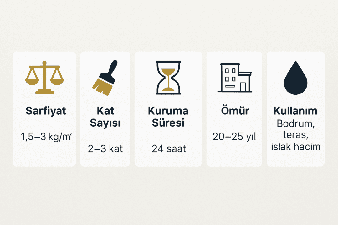 Köster su yalıtım malzemeleri teknik bilgi kutusu – sarfiyat, kat sayısı, ömür, kuruma süresi. 