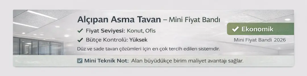 Alçıpan asma tavan mini fiyat bandı 2026 – konut ve ofisler için ekonomik, sade ve bütçe dostu asma tavan çözümü&nbsp;