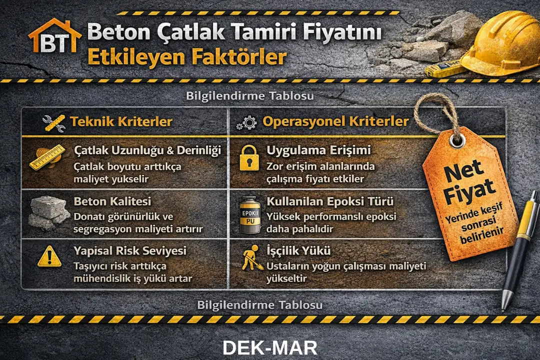 Beton çatlak tamiri fiyatını etkileyen faktörler – çatlak tipi, yöntem, alan büyüklüğü ve işçilik karşılaştırma tablosu&nbsp;