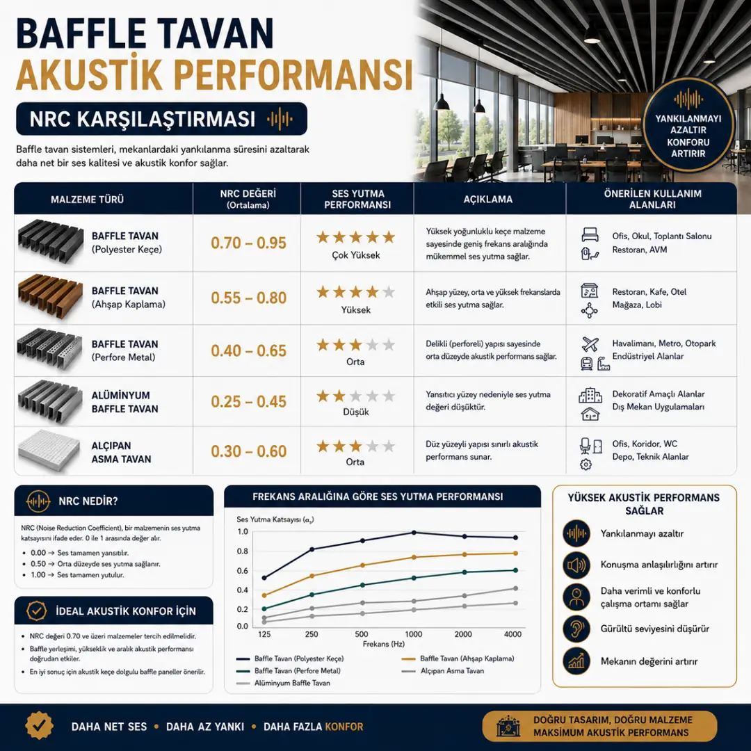 Baffle tavan sistemlerinin NRC akustik performans karşılaştırması