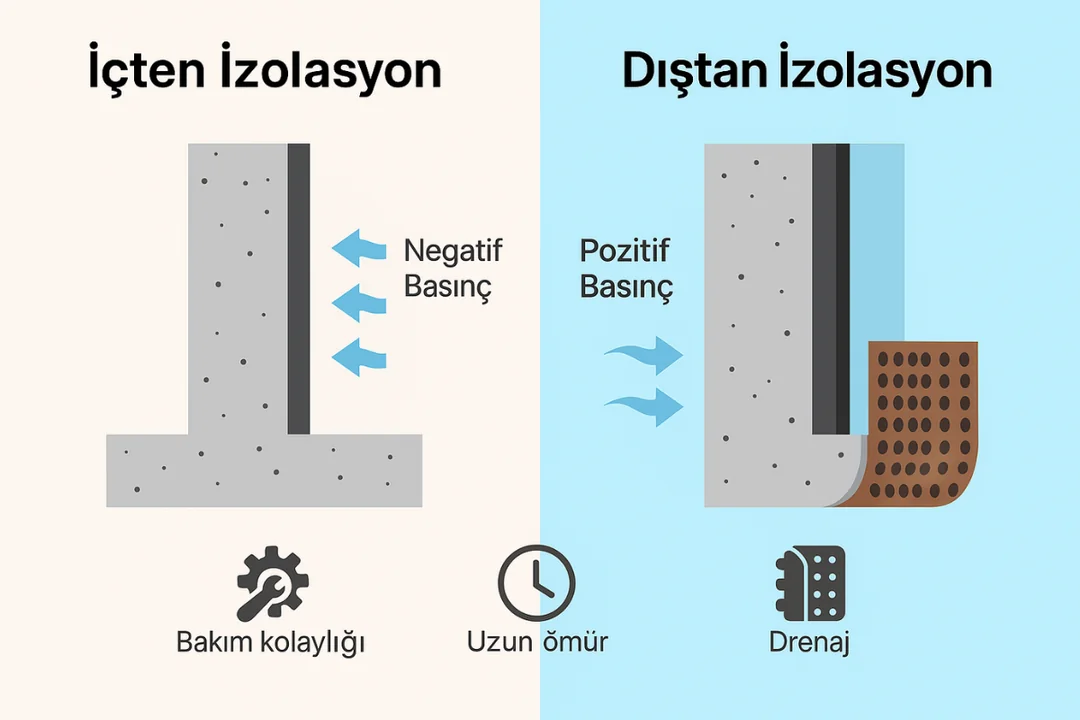 Perde beton içten ve dıştan su yalıtımı farkları – negatif ve pozitif basınç karşılaştırması