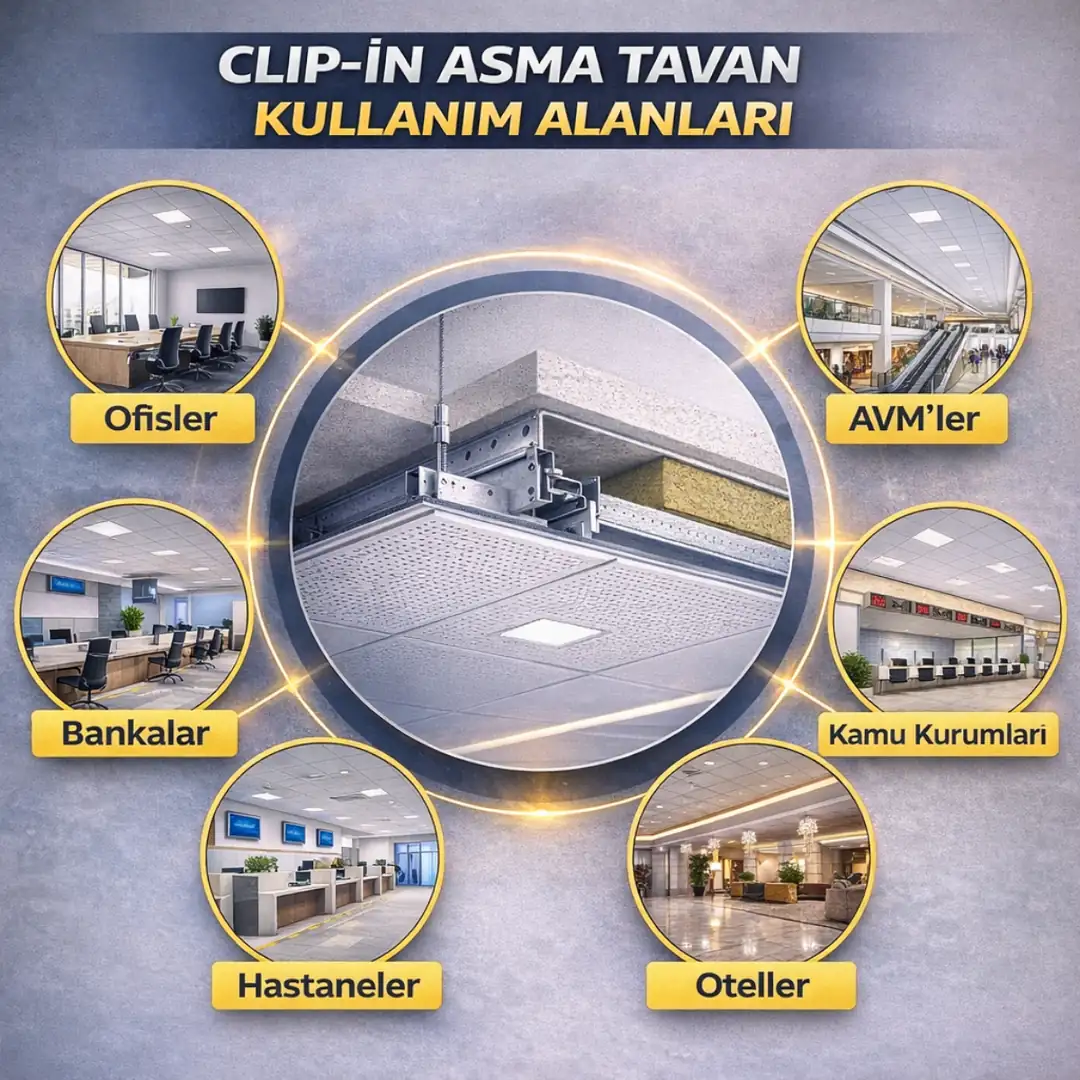 clip in metal asma tavan kullanım alanları ofis hastane avm otopark