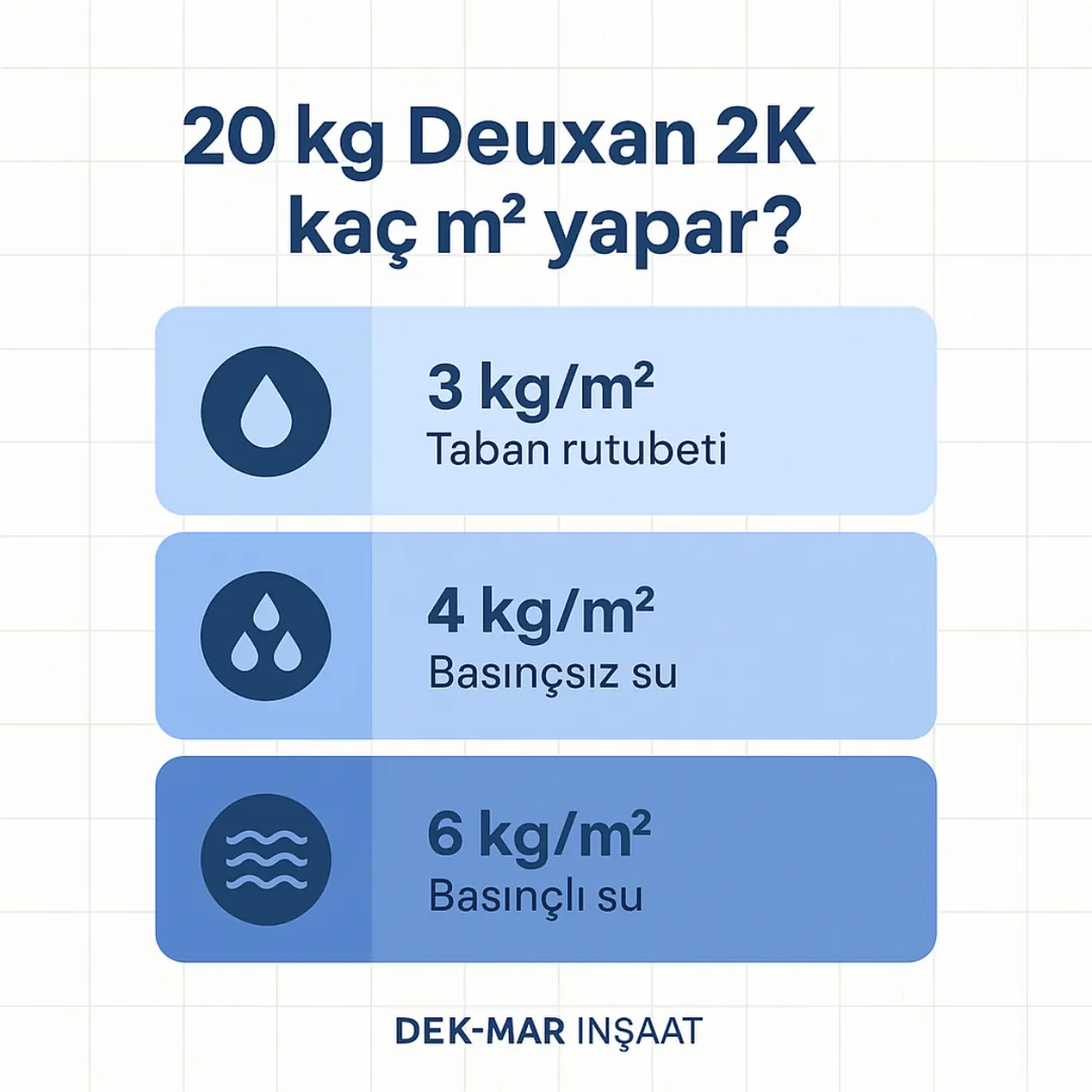 Deuxan 2K sarfiyat hesaplama – basınçsız, basınçlı su ve taban rutubeti için kg/m² tüketim infografiği – Dek-Mar İnşaat