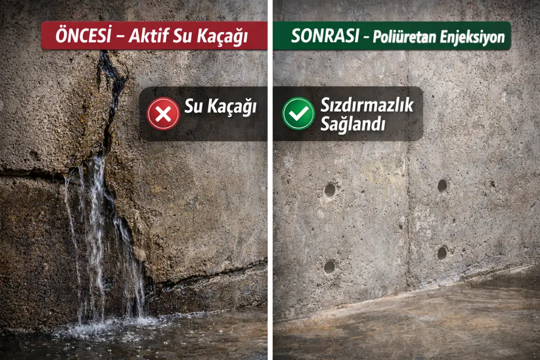 Poliüretan enjeksiyon su yalıtımı öncesi ve sonrası aktif su kaçağı karşılaştırması&nbsp;