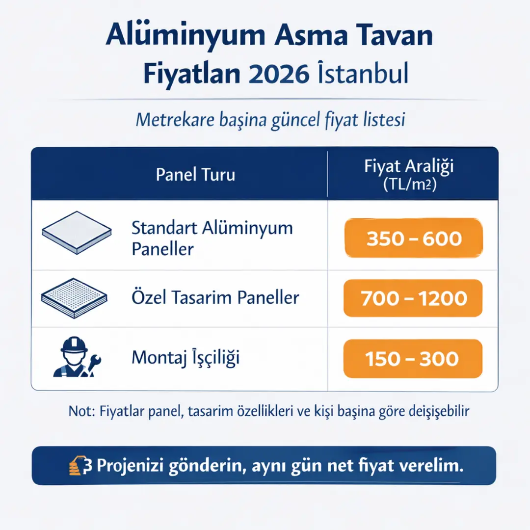 İstanbul alüminyum asma tavan m2 fiyatları 2026 güncel liste clip-in lay-in petek tavan fiyat karşılaştırması
