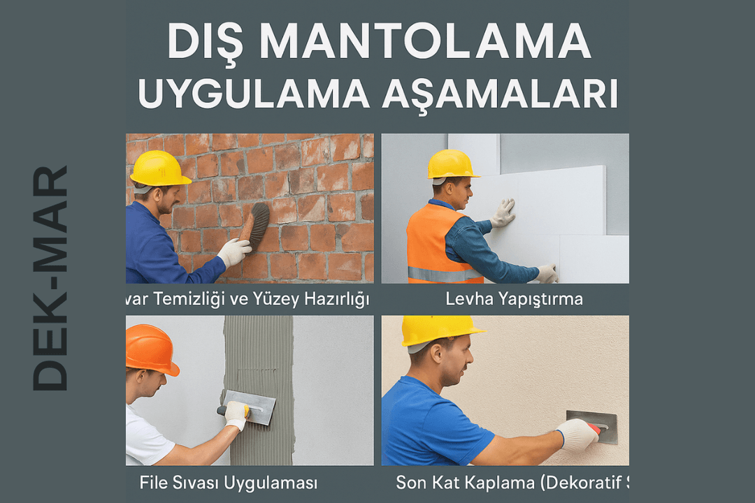 Dış mantolama uygulama aşamaları: hazırlık, yapıştırma, file sıvası ve kaplama. 