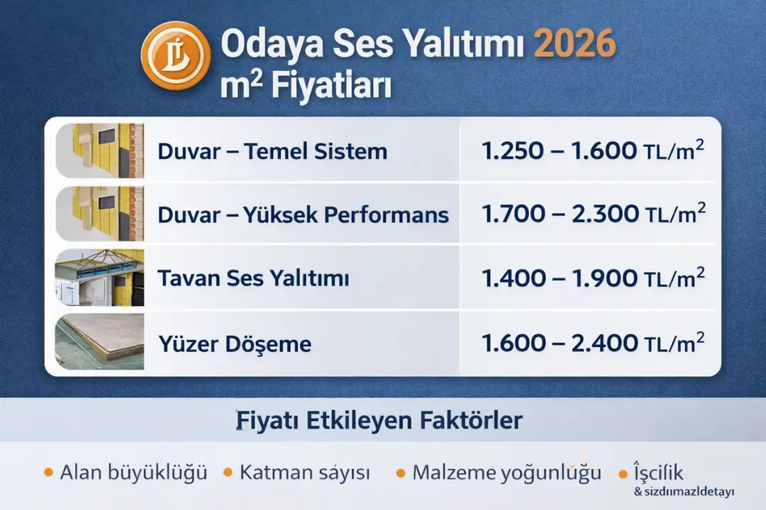 Odaya ses yalıtımı 2026 m2 fiyatları tablo infografik