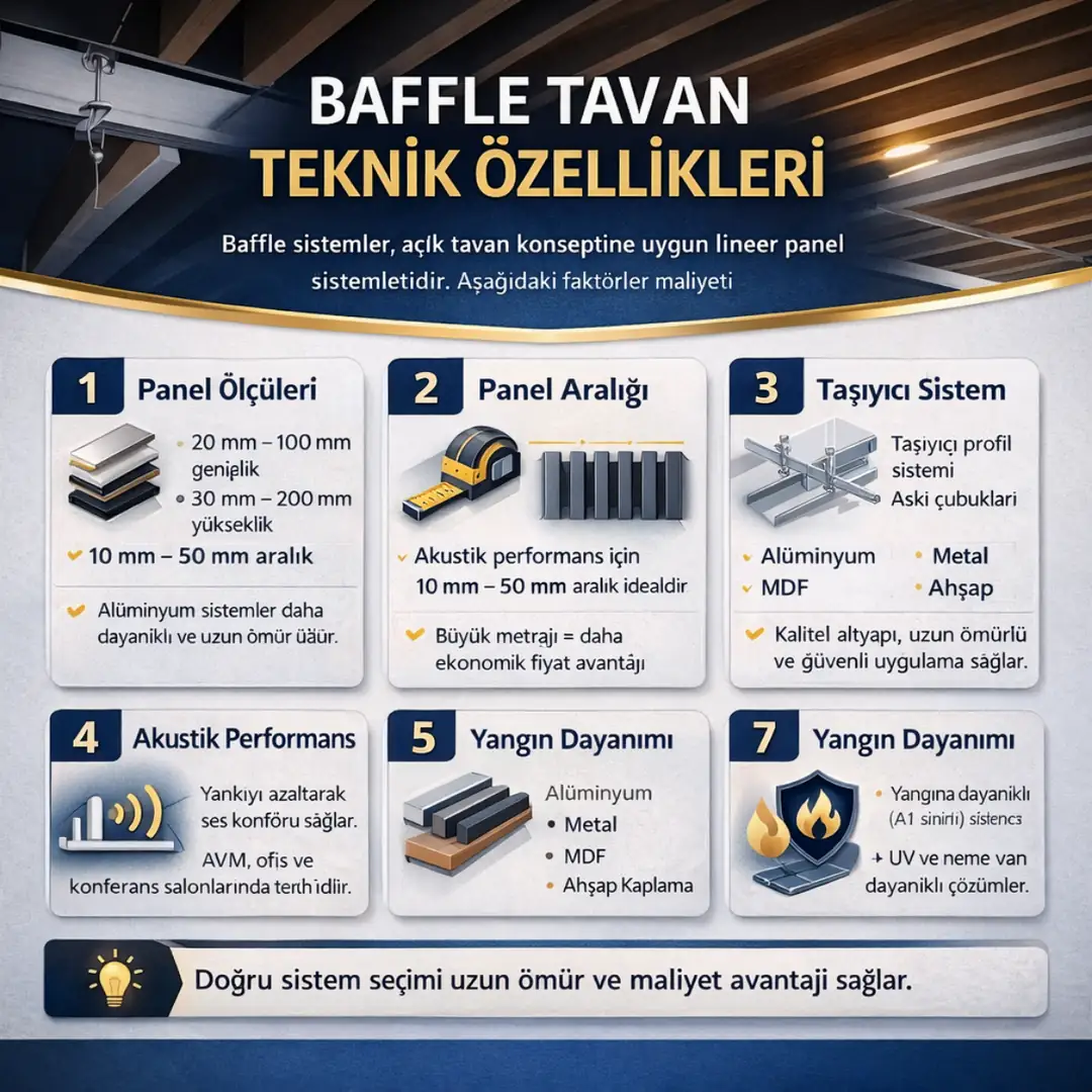 Baffle tavan teknik özellikleri panel ölçüleri malzeme türleri akustik performans ve taşıyıcı sistem detayları&nbsp;