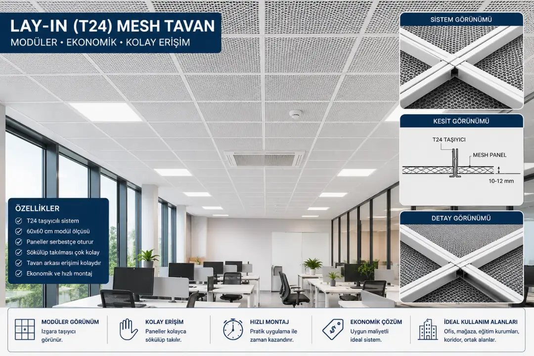 T24 taşıyıcılı lay-in mesh tavan uygulaması&nbsp;